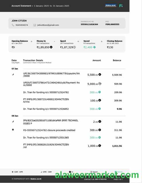 India Federal Bank account statement Word and PDF template, version 3